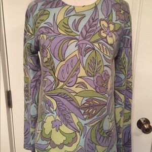 KINROSS SWEATER CASHMERE CREWNECK PURPLE BLACK YELLOW GREEN FLORAL SMALL